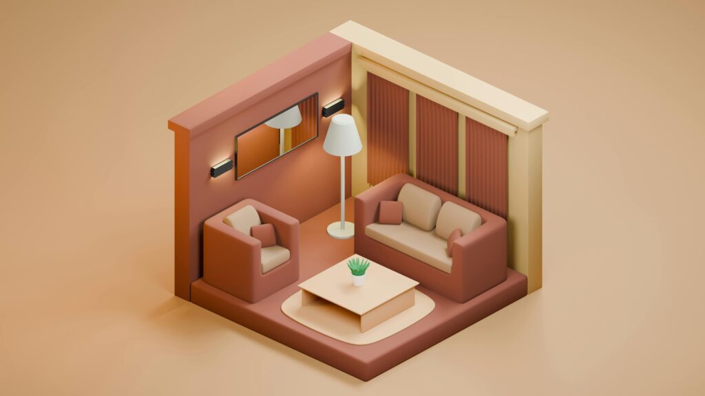 Stylish 3D isometric living room with modern minimalist furniture and decor.